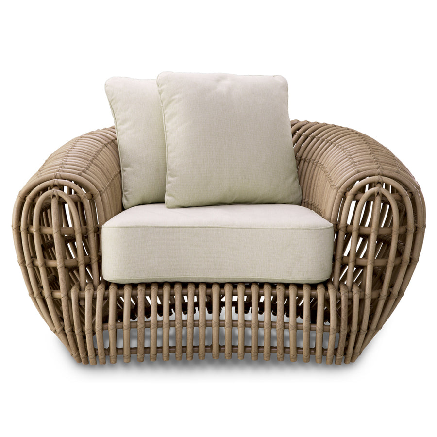 Siderno műrattan kerti fotel viola sand párnákkal – elölnézet