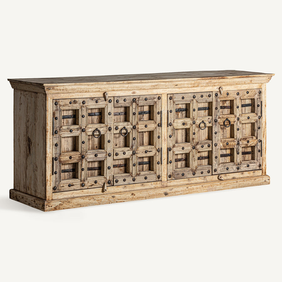 Orientál ihletésű, natúr színű, újrahasznosított natúr mangófából készült, 4 ajtós rusztikus tálaló.