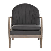 Szürke színű szövettel kárpitozott, formaterveztt karfás fotel.