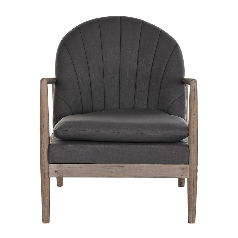 Szürke színű szövettel kárpitozott, formaterveztt karfás fotel.