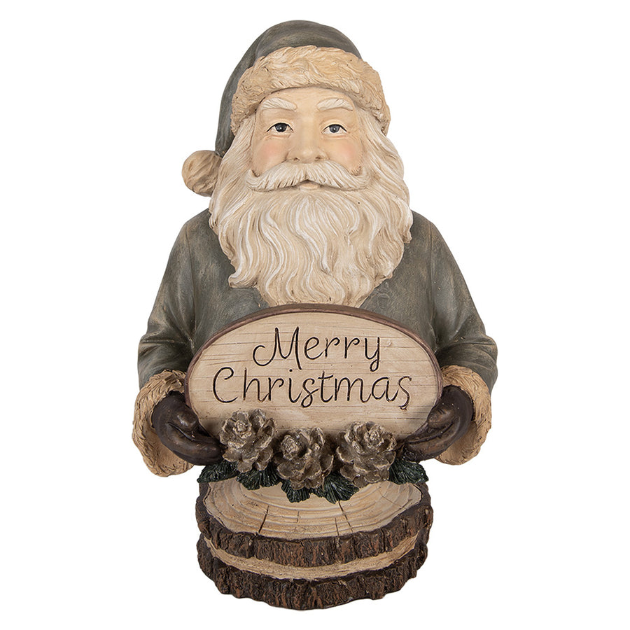Spirit of the Forest bézs Télapó figura 31 cm Merry Christmas táblával, fahatású talapzaton