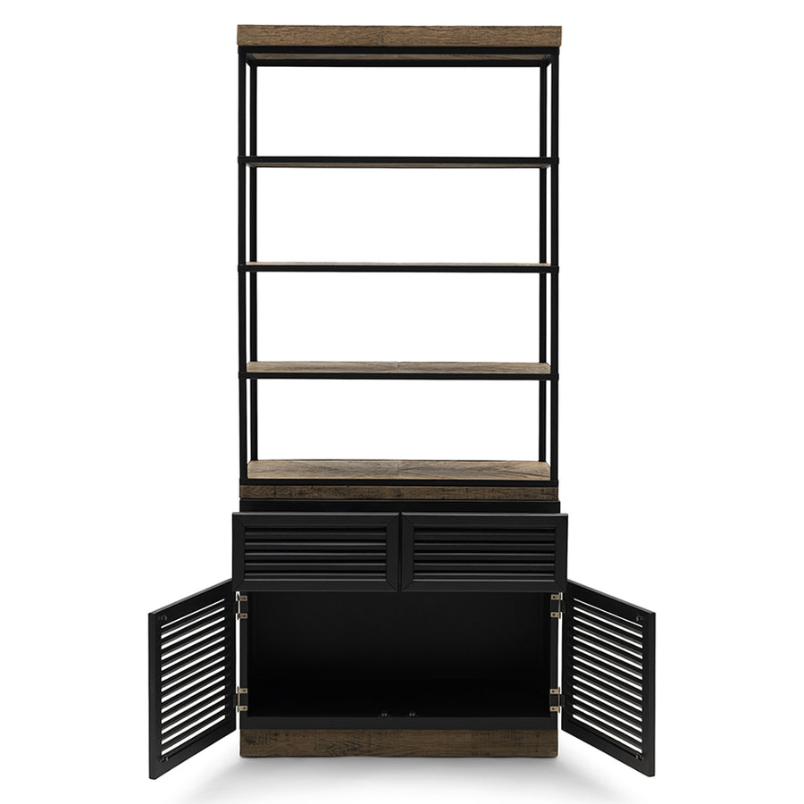 Könyvespolc nyitott polcokkal és zárt alsó szekrényrésszel nyitott ajtókkal