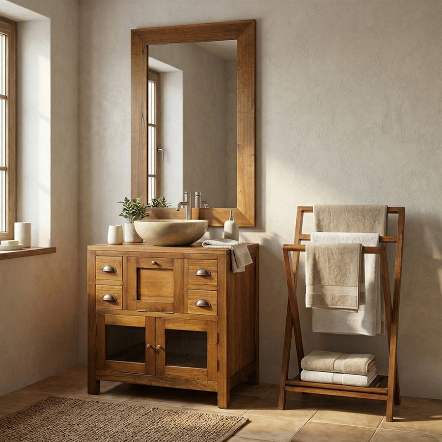 STAR fa törölközőtartó állvány fürdőszobai enteriőrben törölközőkkel