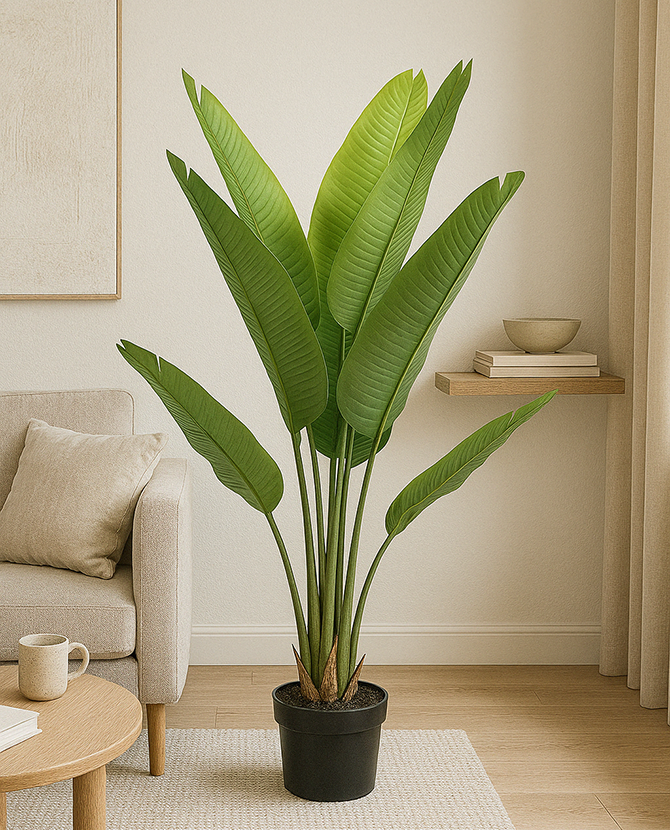 Zöld színű strelitzia műnövény.