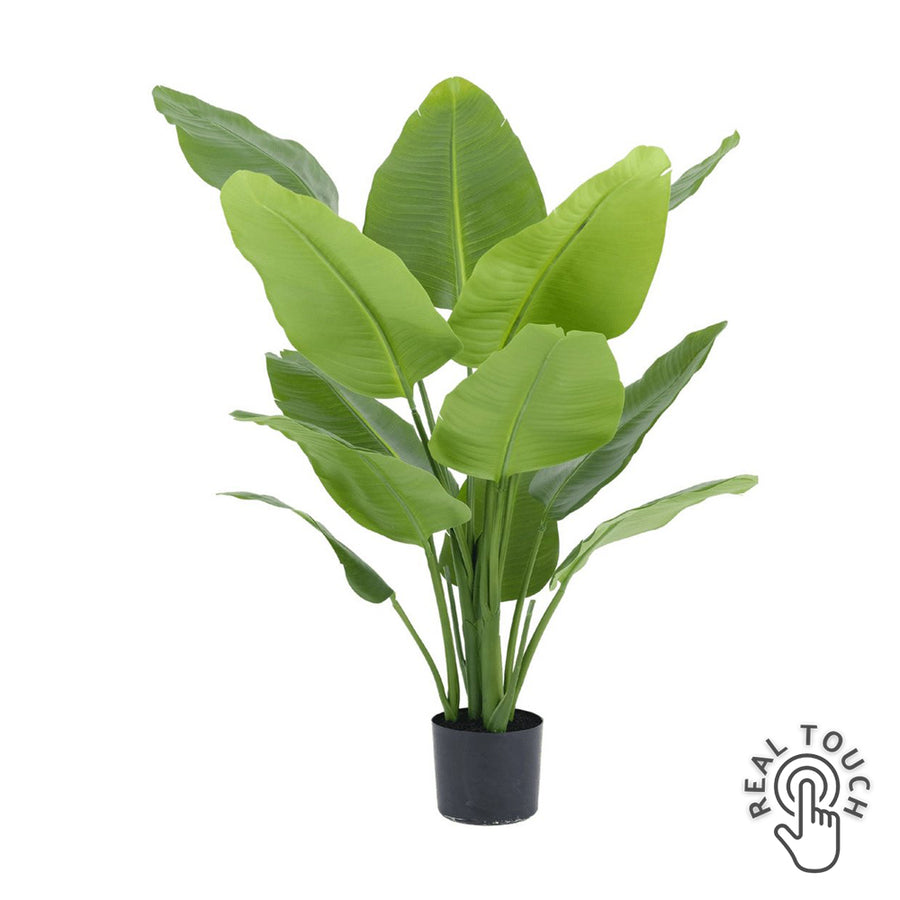 STRELITZIA zöld mű strelitzia 120 cm fekete műanyag cserépben, Real Touch hatású levelekkel