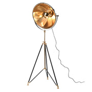 Studio sárgaréz design állólámpa háromlábas vázzal, 179 cm magas, retro stílusban, fekete és arany kivitelben.