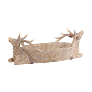 Faragott fa hatású,, natúrszínű, szarvas figurás karácsonyi tál.