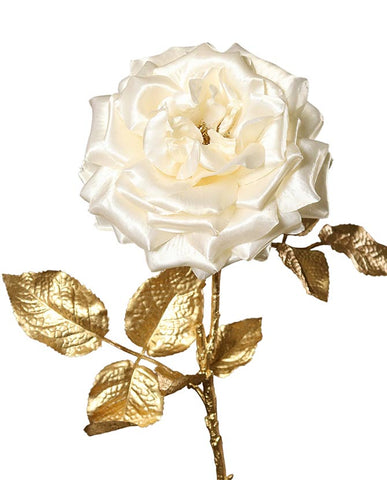 Fényes aranyszínű szárú és levelű, krém színárnyalatú szatén rózsa művirág.