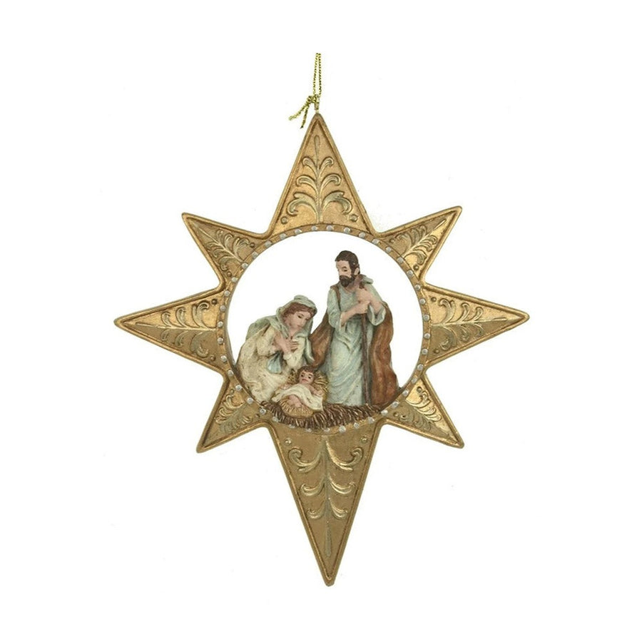 csillag formába foglalt, Szent Családot ábrázoló karácsonyfadísz.