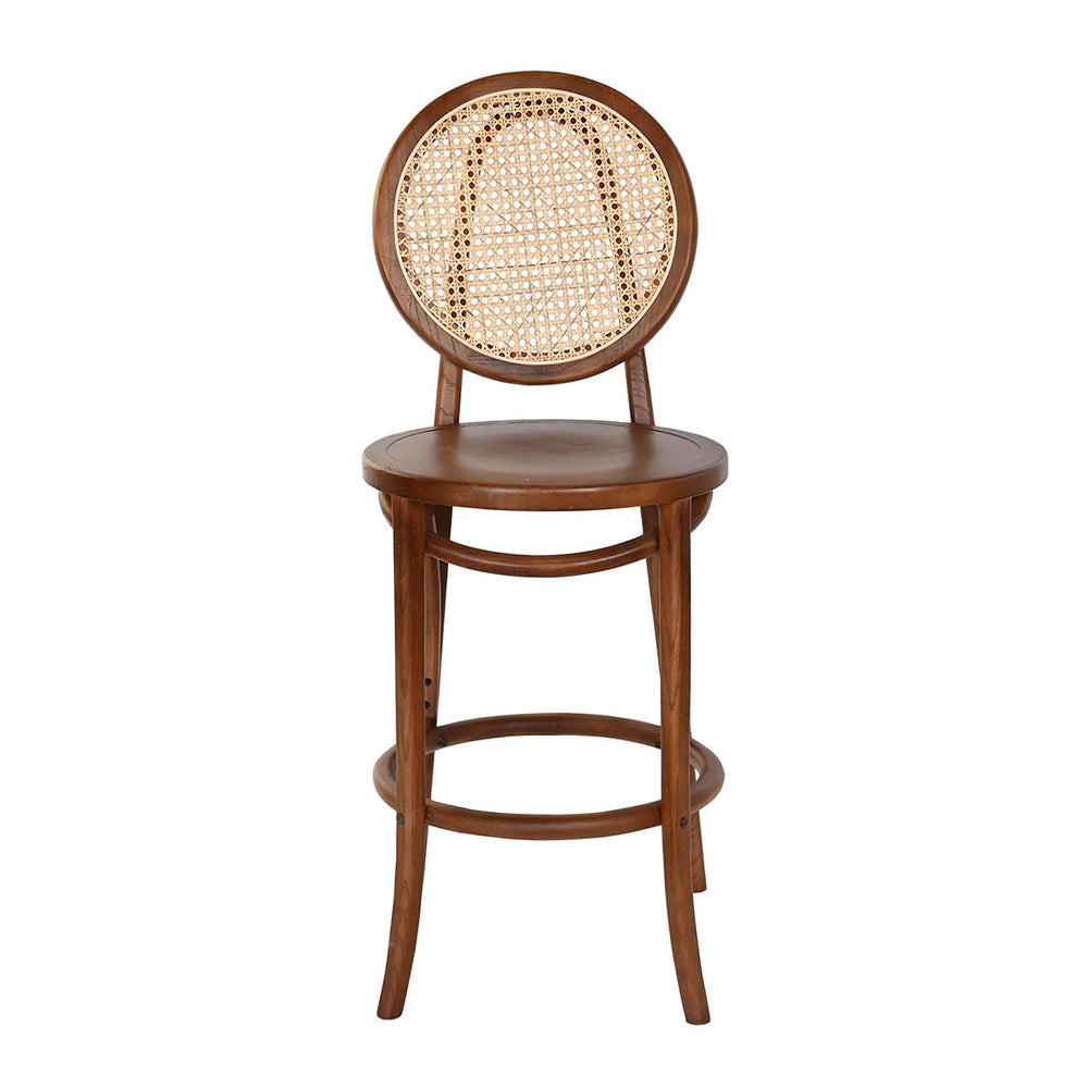 Thonet ihletésű, barna színű, pácolt felületű szilfából készült, mediterrán stílusú, formatervezett bárszék.