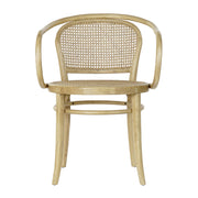 Thonet ihletésű, natúr színű, lakkozott felületű szilfából készült, mediterrán stílusú, formatervezett, karfás kialakítású étkezőszék.