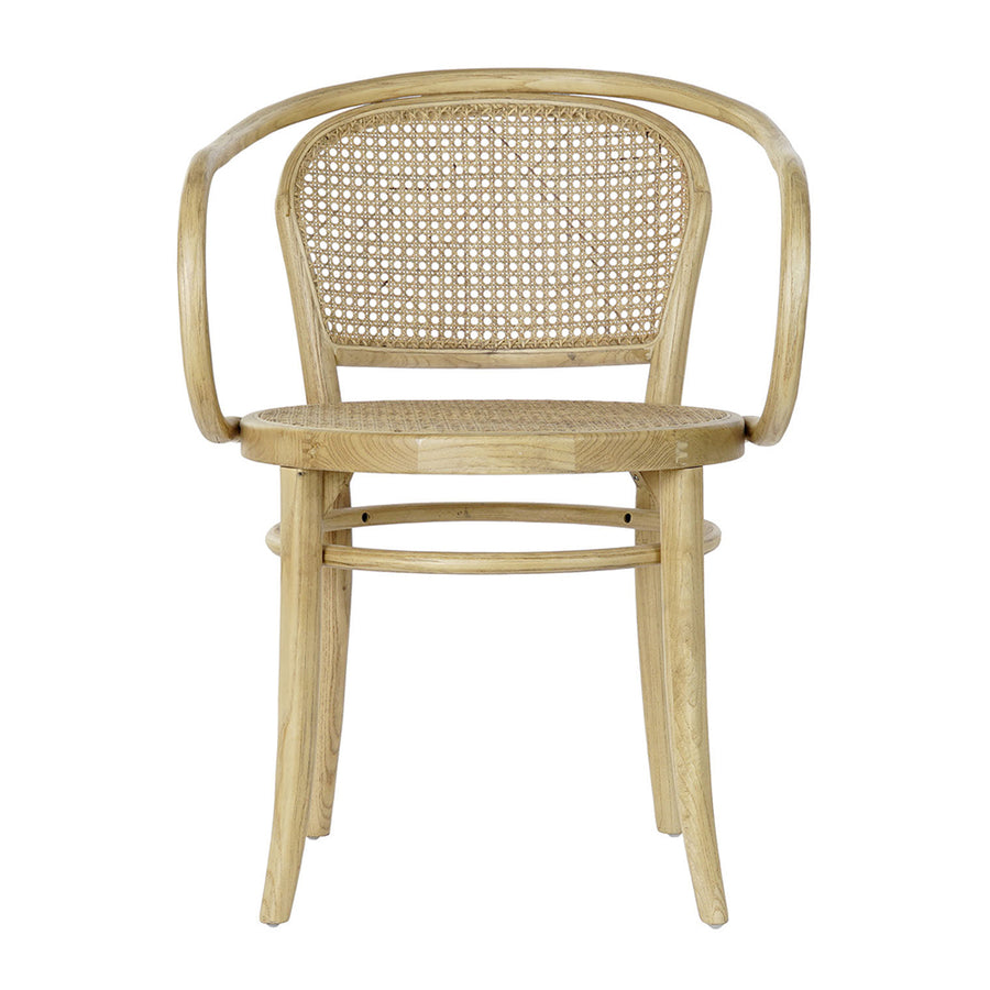 Thonet ihletésű, natúr színű, lakkozott felületű szilfából készült, mediterrán stílusú, formatervezett, karfás kialakítású étkezőszék.
