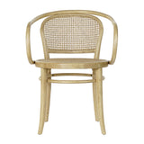 Thonet ihletésű, natúr színű, lakkozott felületű szilfából készült, mediterrán stílusú, formatervezett, karfás kialakítású étkezőszék.