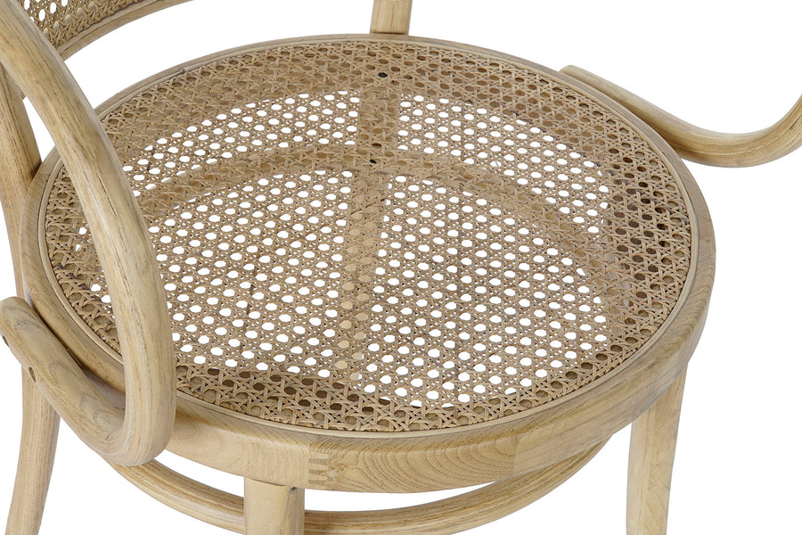 Thonet ihletésű, natúr színű, lakkozott felületű szilfából készült, mediterrán stílusú, formatervezett, karfás kialakítású étkezőszék.