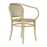 Thonet ihletésű, natúr színű, lakkozott felületű szilfából készült, mediterrán stílusú, formatervezett, karfás kialakítású étkezőszék.