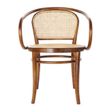 Thonet ihletésű, barna színű, pácolt felületű szilfából készült, mediterrán stílusú, formatervezett, karfás kialakítású étkezőszék.