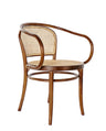 Thonet ihletésű, barna színű, pácolt felületű szilfából készült, mediterrán stílusú, formatervezett, karfás kialakítású étkezőszék.
