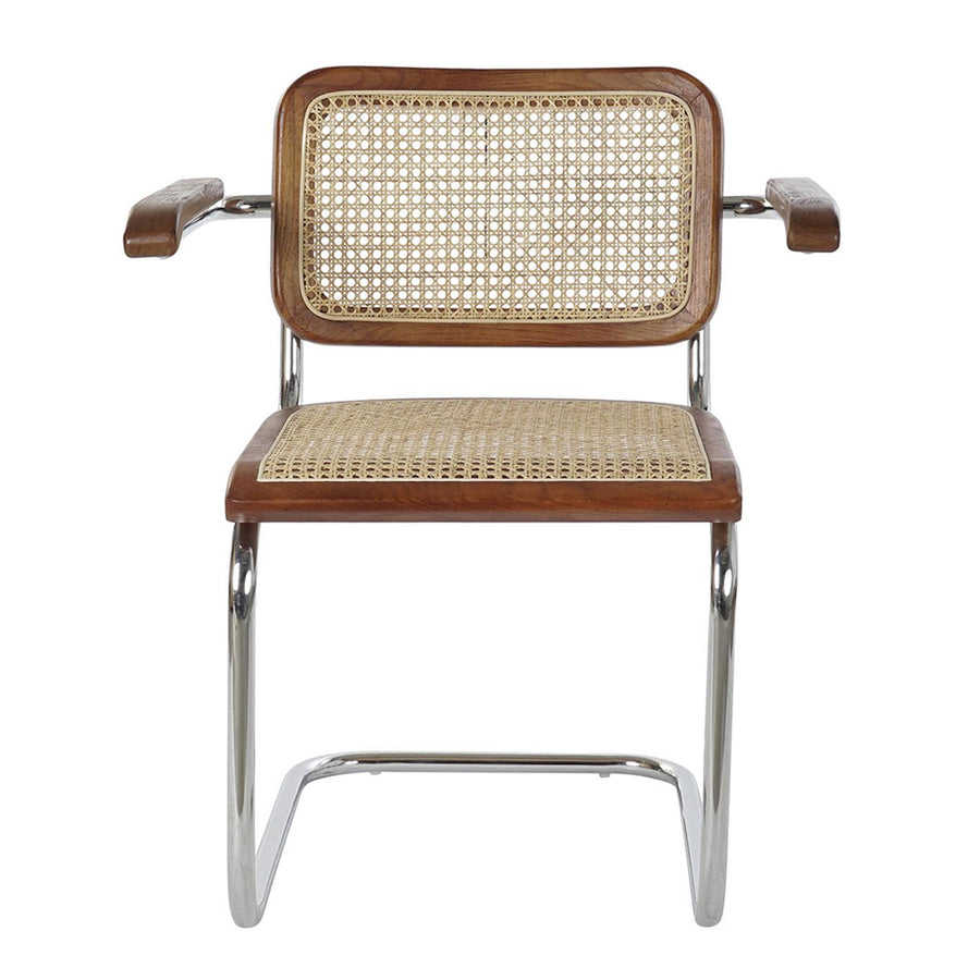 Modern fémvázas, barna színű, rattan betétes karosszék.