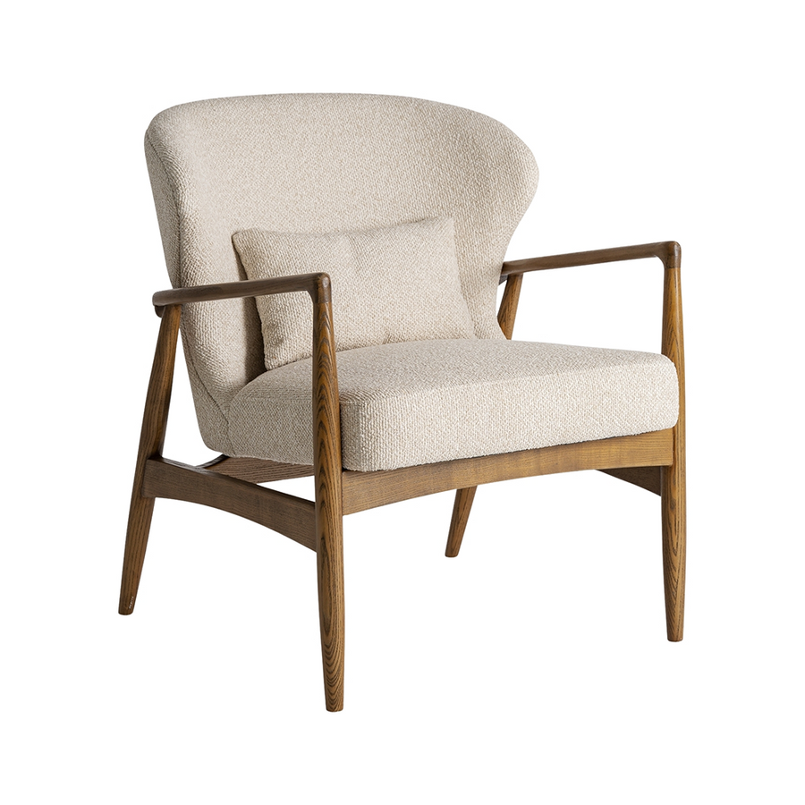 tarres bézs szövet fotel párnával és fa vázzal