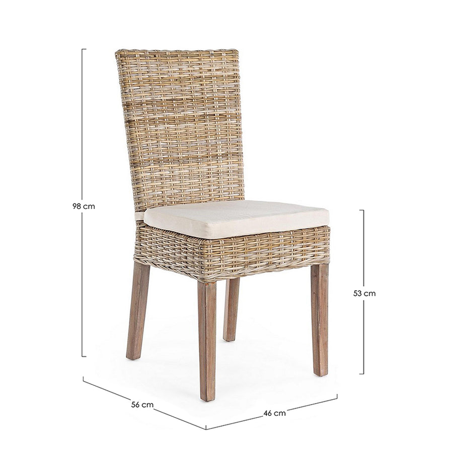 Tavira natúr rattan étkezőszék mérettekkel ellátott képe.