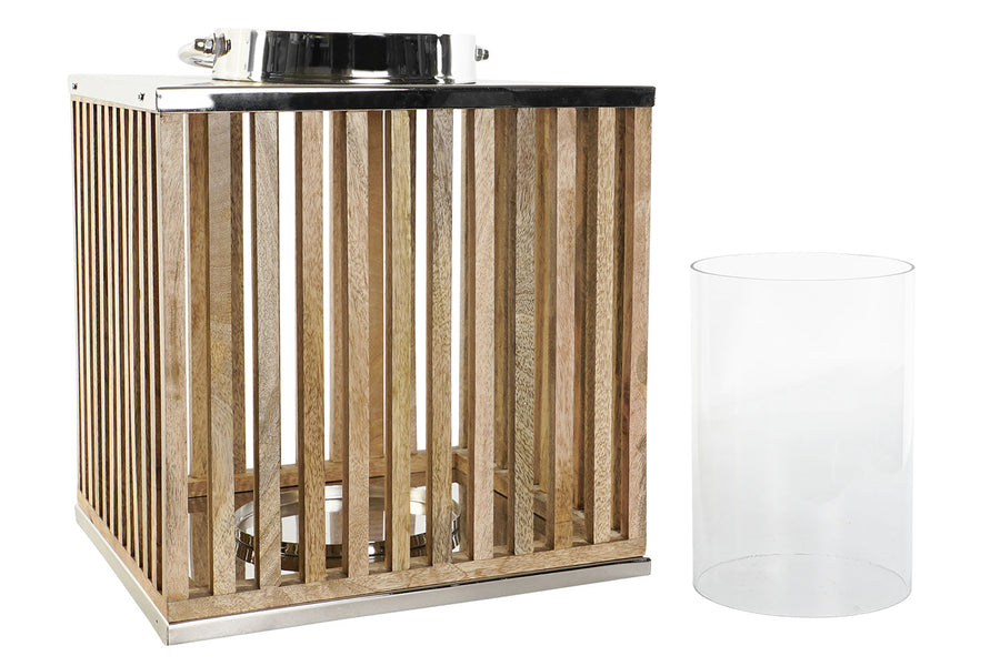 Mangófából és rozsdamentes acélból készült lámpás.