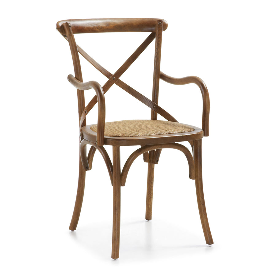 Thonet ihletésű, barna színű, tölgyfából és rattanból készült karosszék.