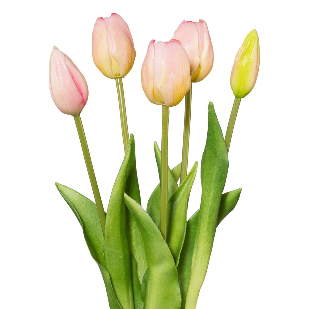 Mesterséges rózsaszín tulipáncsokor nyíló és bimbós virágfejekkel, részlet