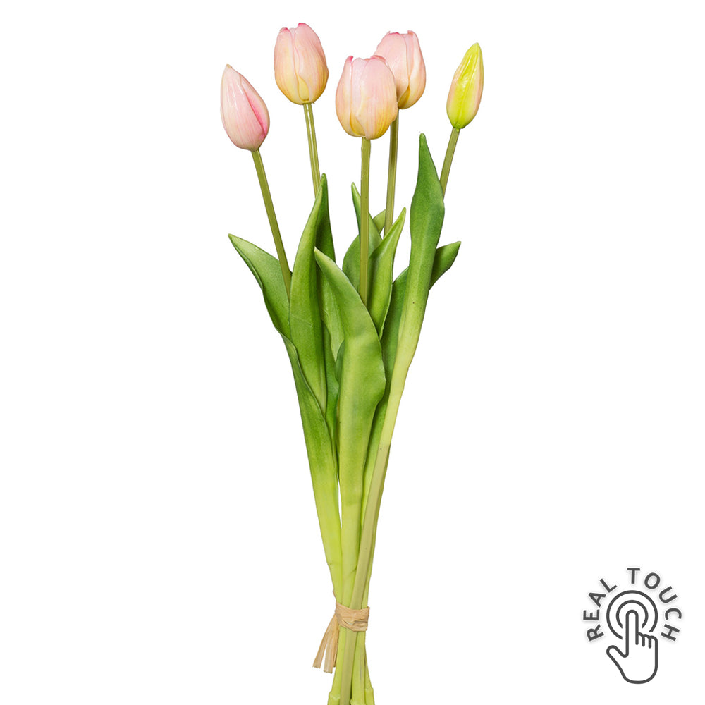 Rózsaszín, 5 szálas real touch mű tulipáncsokor 45 cm, teljes nézet