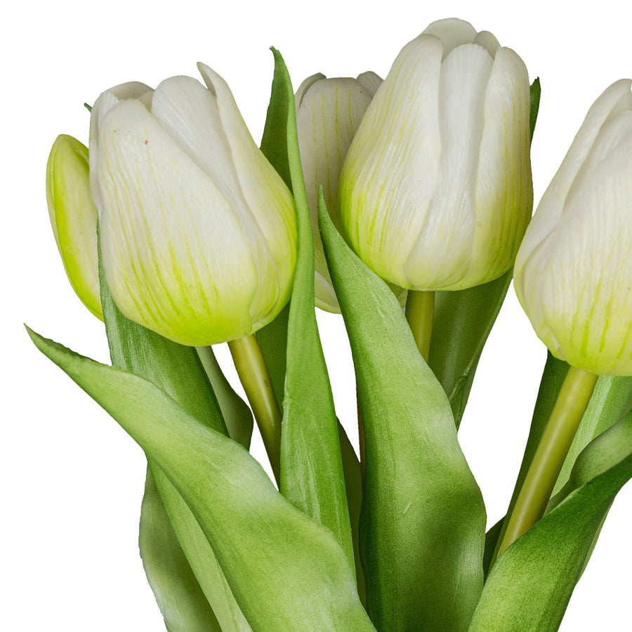 Élethű fehér mű tulipán részletfotó zöld levelekkel – 6 szálas tulipáncsokor 32 cm