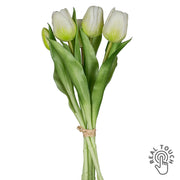 TULIP 6 szálas fehér mű tulipáncsokor 32 cm – real touch hatású, élethű művirág zöld levelekkel