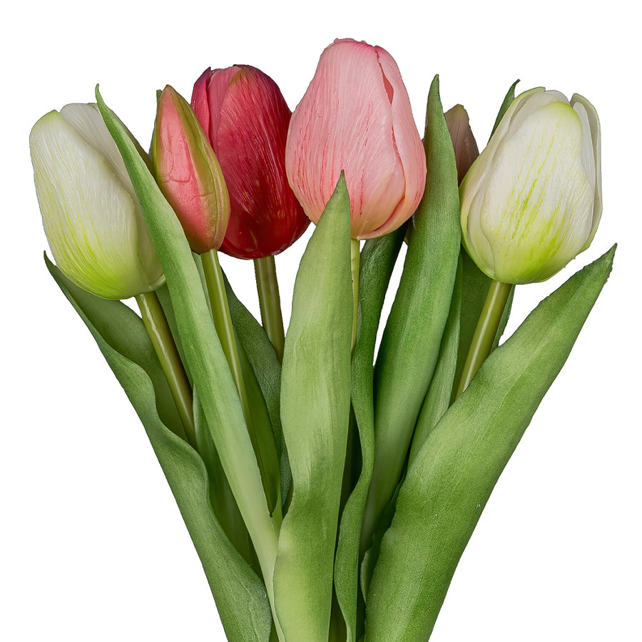 Mesterséges pink-mix tulipáncsokor nyíló virágfejekkel és zöld levelekkel, részlet
