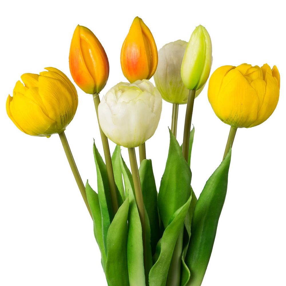 Mesterséges sárga-mix tulipáncsokor nyíló és bimbós virágfejekkel, részlet