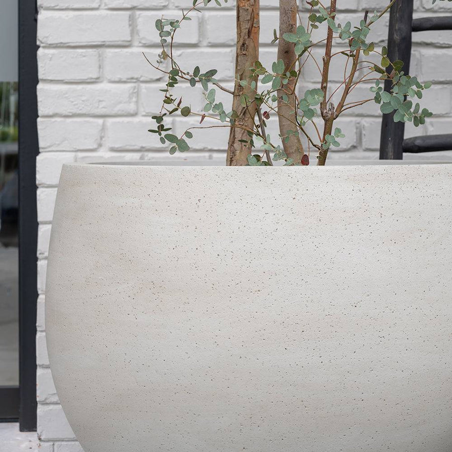 Közelkép az Urban Jumbo Orb M kaspó elefántcsont színű ficonstone felületéről, eukaliptusz ággal díszítve