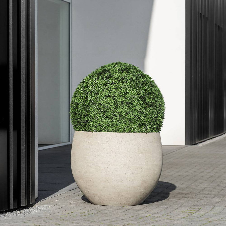 Mosott bézs színű design kaspó zöld növénnyel kültéren – Pottery Pots Urban kollekció