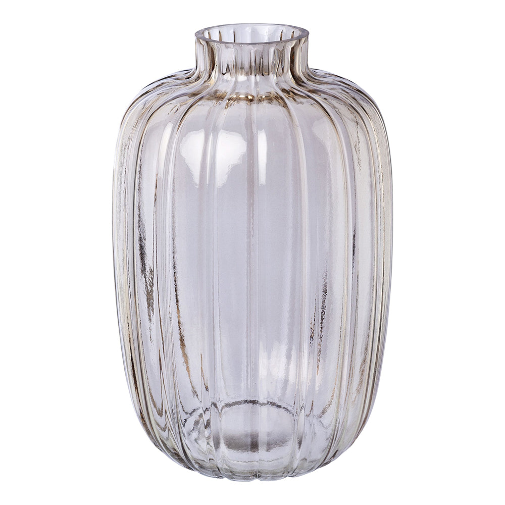 Szürke színű, bordázott üvegből készült váza.