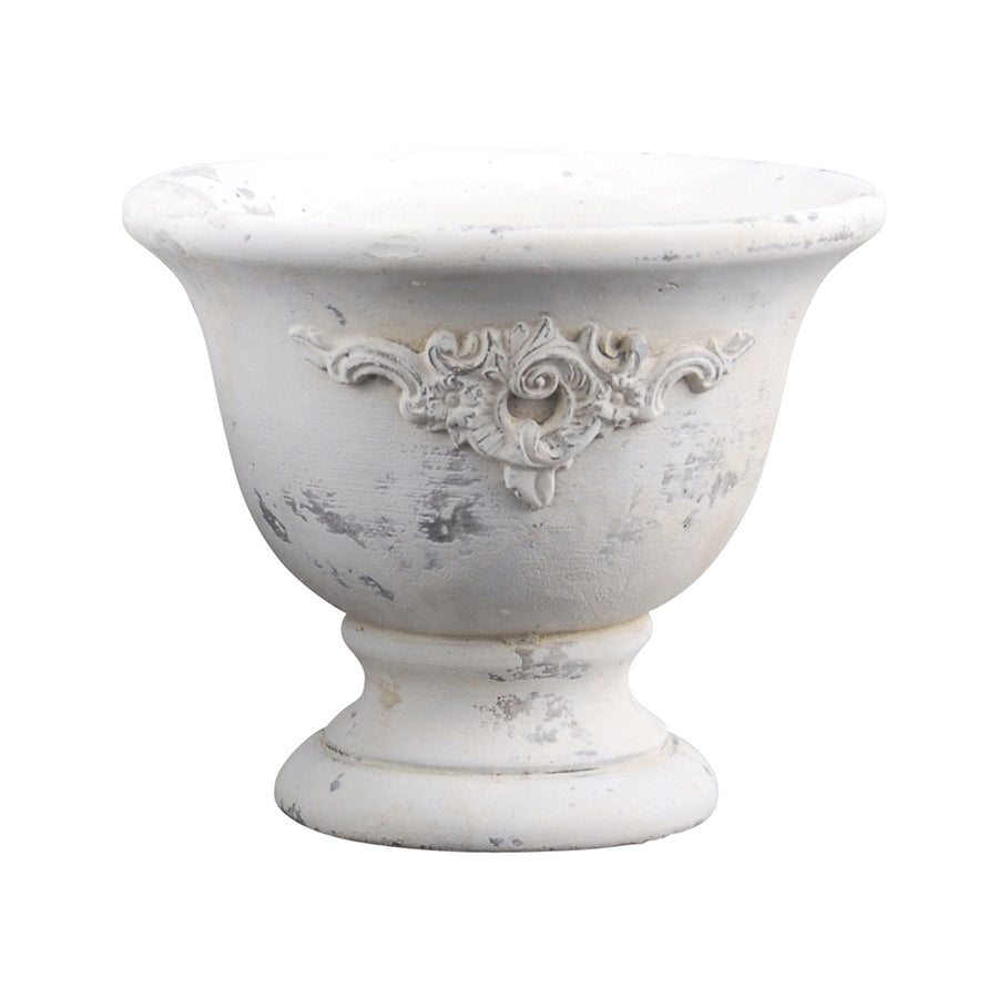 Krémszínű, antikolt felületű, vintage stílusú cement kaspó plasztikus díszítéssel, a Valo kollekcióból.