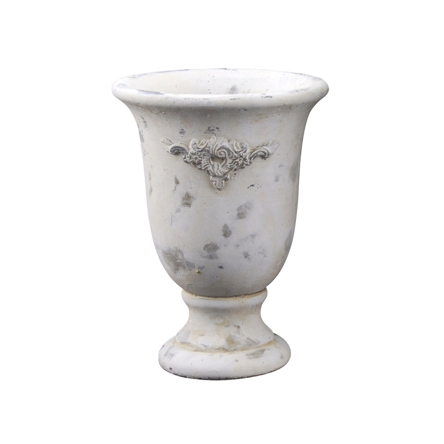 Antikolt felületű, krémszínű cement kaspó 22 cm-es méretben, plasztikus díszítéssel – Valo kollekció