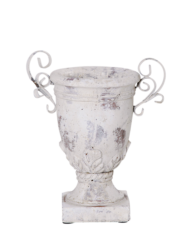 Kézzel készült, vintage stílusú, 27 cm magas krémszínű kerámia kaspó fém füllel, antikolt felülettel.