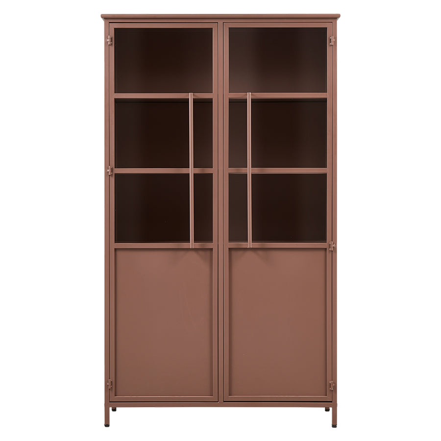 Fémből készült, sötét púder színű, kortárs design vitrines szekrény.