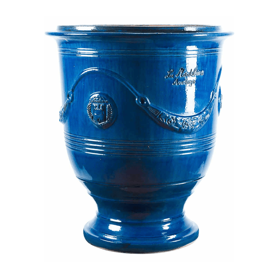 Kék mázas anduze kerámiakaspó a Vase d' Anduze Emaillés Tradition kollekcióból, Medici stílusú díszítéssel és fényes felülettel.