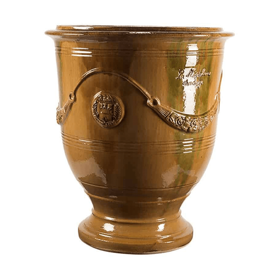 Provanszi stílusú, okker mázas anduze kerámiakaspó a Vase d' Anduze Emaillés Tradition kollekcióból, Medici motívummal és fényes felülettel.