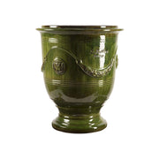 Provanszi stílusú, zöld mázas anduze kerámiakaspó a Vase d' Anduze Emaillés Tradition kollekcióból, Medici motívummal és fényes felülettel.