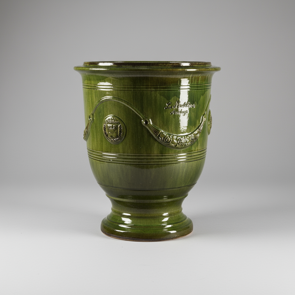 Provanszi stílusú, zöld mázas anduze kerámiakaspó a Vase d' Anduze Emaillés Tradition kollekcióból, Medici motívummal és fényes felülettel.