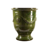 Provanszi stílusú, zöld mázas anduze kerámiakaspó a Vase d' Anduze Emaillés Tradition kollekcióból, Medici motívummal és fényes felülettel.