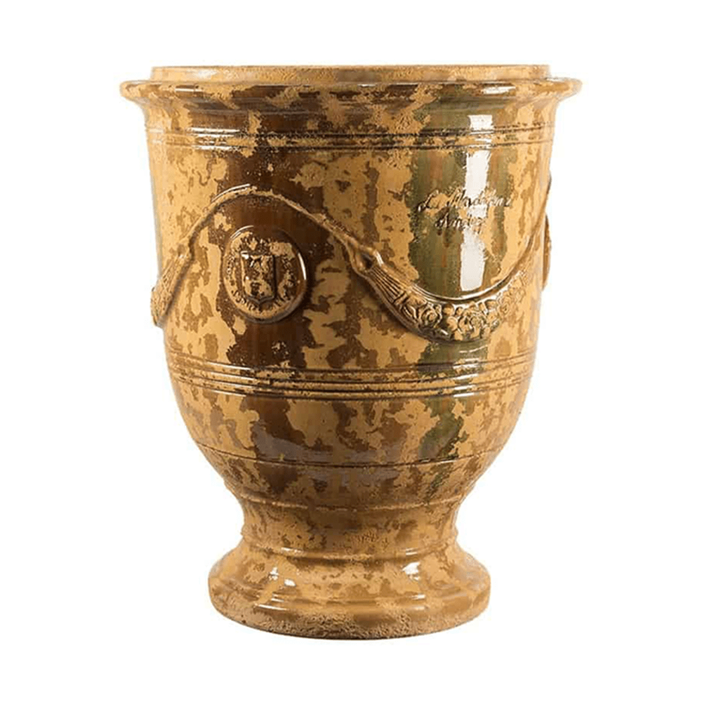 Nagy méretű, antik mázas anduze kerámiakaspó a Vase d' Anduze Emaillés Tradition kollekcióból, Medici stílusú füzérdíszítéssel.