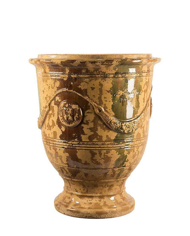 Nagy méretű, antik mázas anduze kerámiakaspó a Vase d' Anduze Emaillés Tradition kollekcióból, Medici stílusú füzérdíszítéssel.