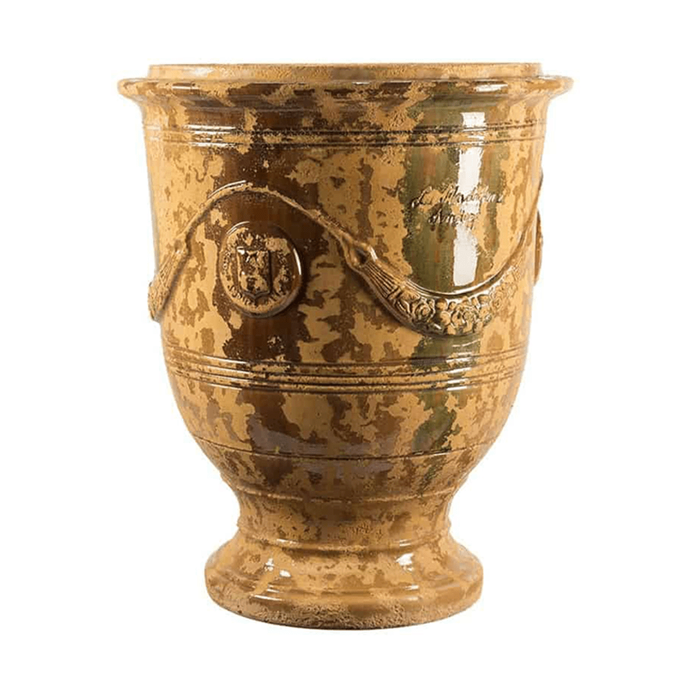 Antik  mázas anduze kerámiakaspó a Vase d' Anduze Vieillis Tradition kollekcióból, Medici stílusú díszítéssel és fényes felülettel.