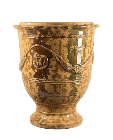 Antik  mázas anduze kerámiakaspó a Vase d' Anduze Vieillis Tradition kollekcióból, Medici stílusú díszítéssel és fényes felülettel.