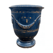 Provanszi stílusú, antik kék mázas anduze kerámiakaspó a Vase d' Anduze Vieillis Tradition kollekcióból, Medici motívummal és fényes felülettel.