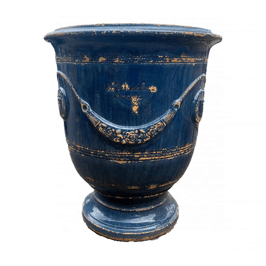 Provanszi stílusú, antikolt kék mázas anduze kerámiakaspó a Vase d' Anduze Vieillis Tradition kollekcióból, Medici motívummal és fényes felülettel.